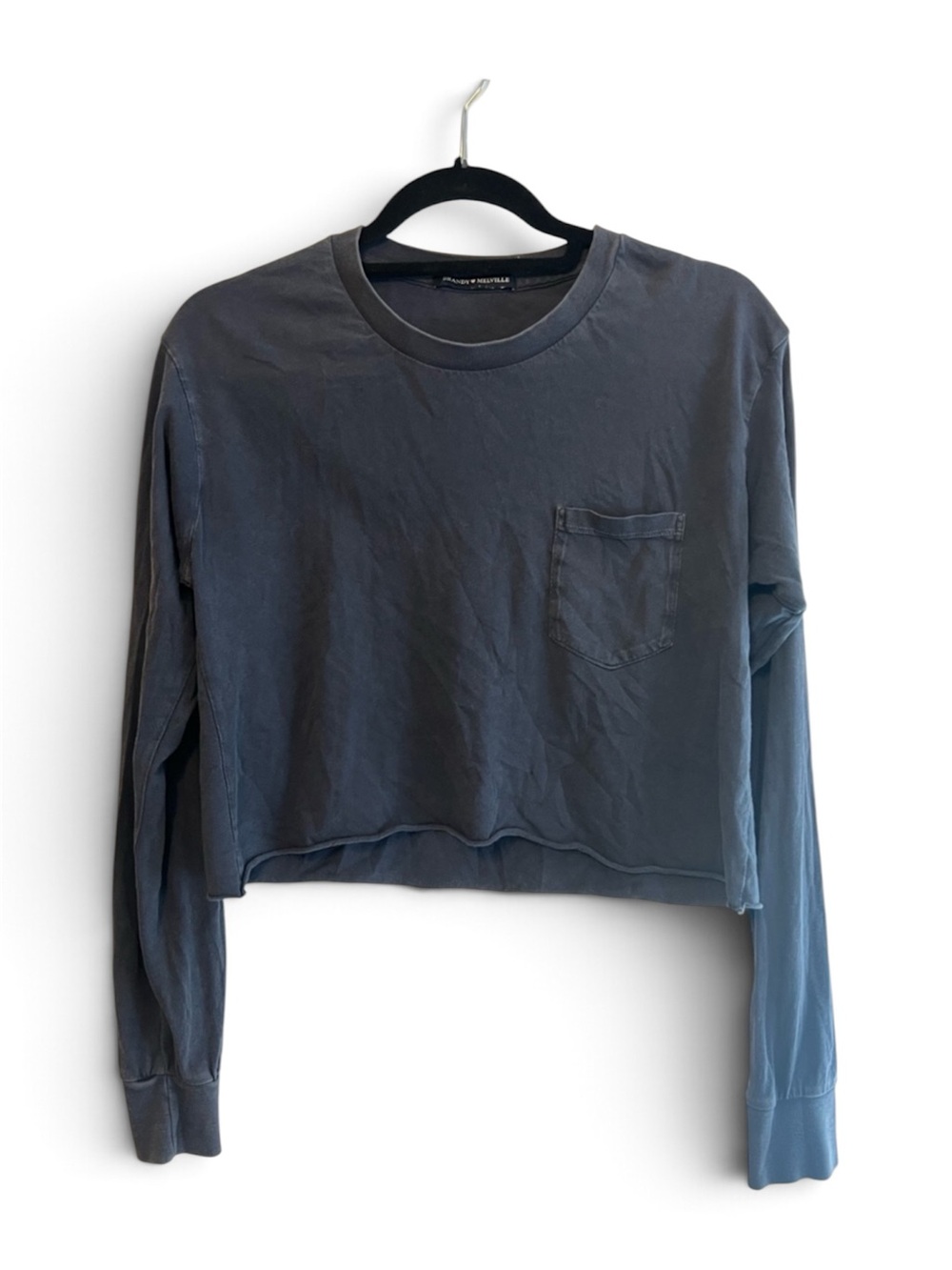 Brandy Melville Cotton Long Sleeve Pocket Crop Tee Blue O/S
